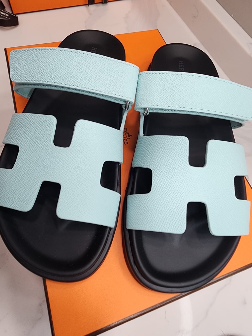 Mint Blue Leather Slide Sandals